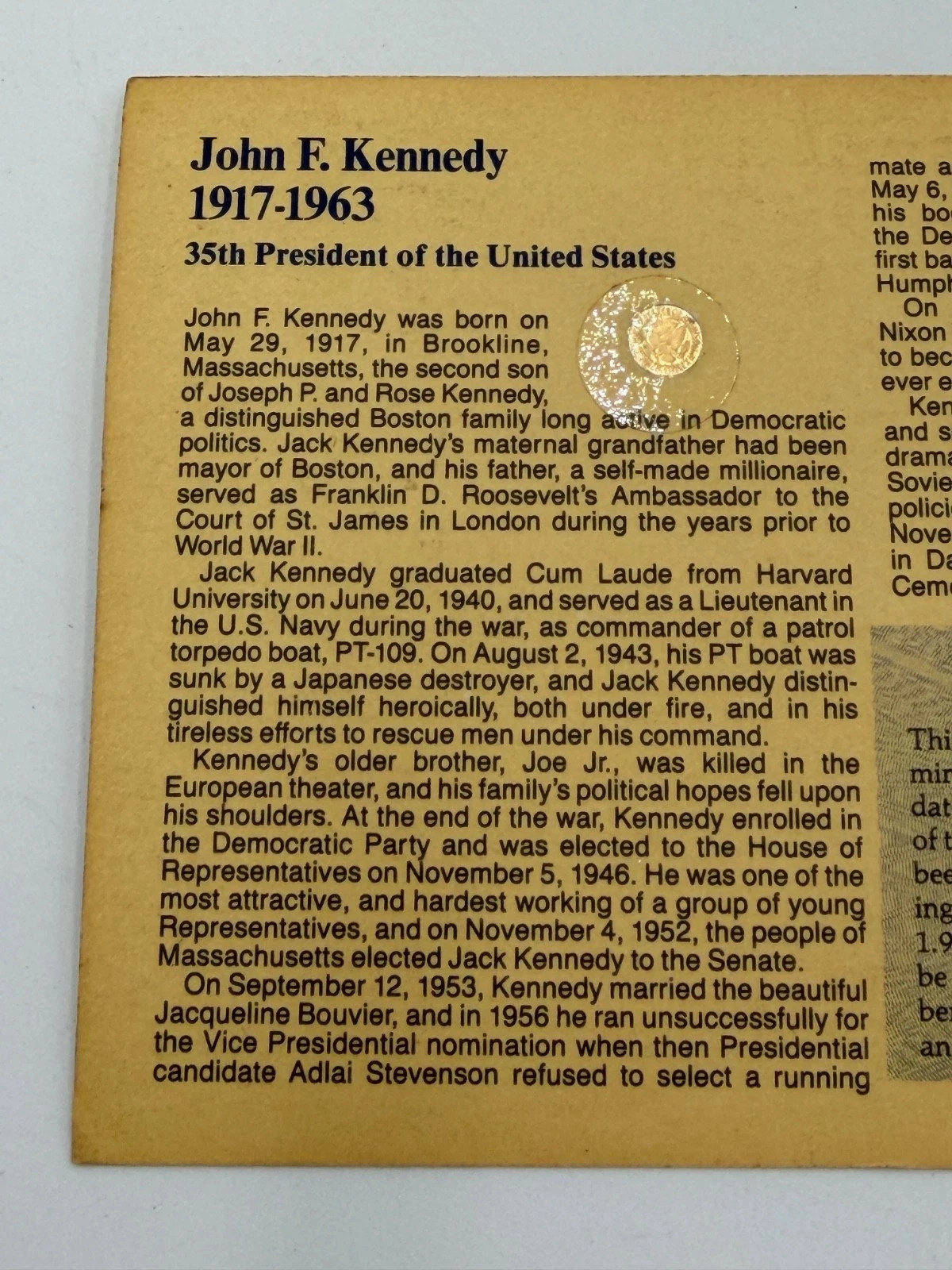 JFK 20TH ANNIVERSARY TRIBUTE SOLID 14K GOLD HALF DOLLARS COA ( ON CARD BACK)
