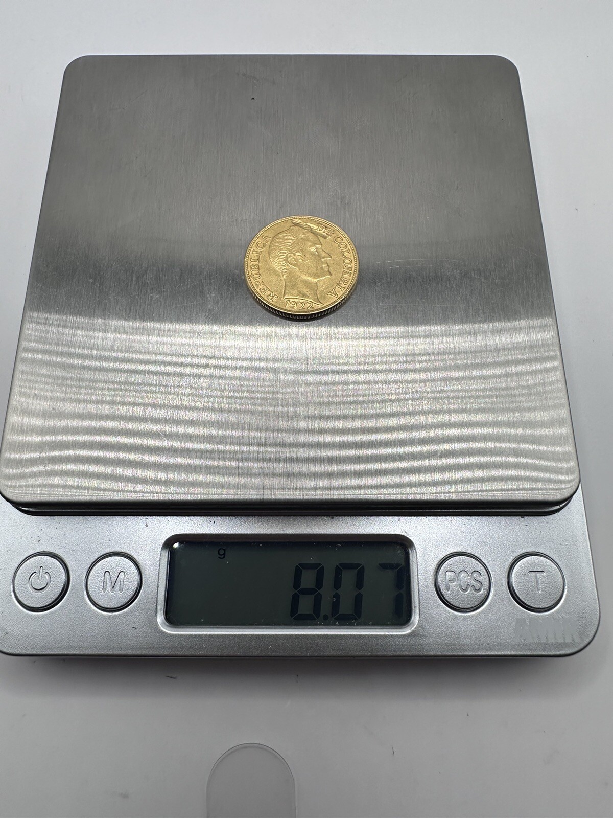1922 -B Cinco Pesos Colombia 22k 0.916 Gold Coin Lamination Error ￼#6576