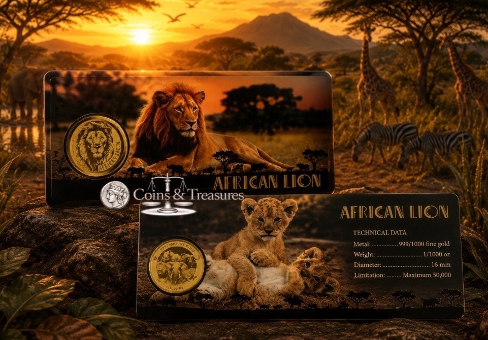 AFRICAN LION 1/1000 Oz Gold 999 Coin in Card