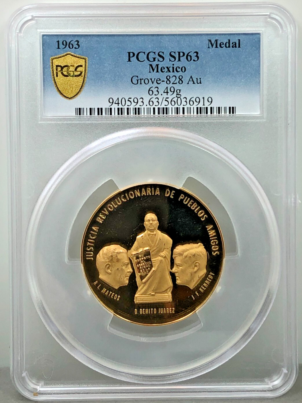 1963 Mexico ~ Recovery of Chamizal ~ Gold Medal PCGS SP63 ~ Grove 828 (63.49g)