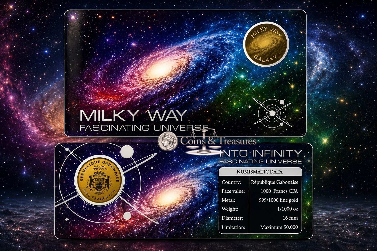 Milky way 1/1000 Oz Gold 999 Coin card 3000 Francs Chad 2023