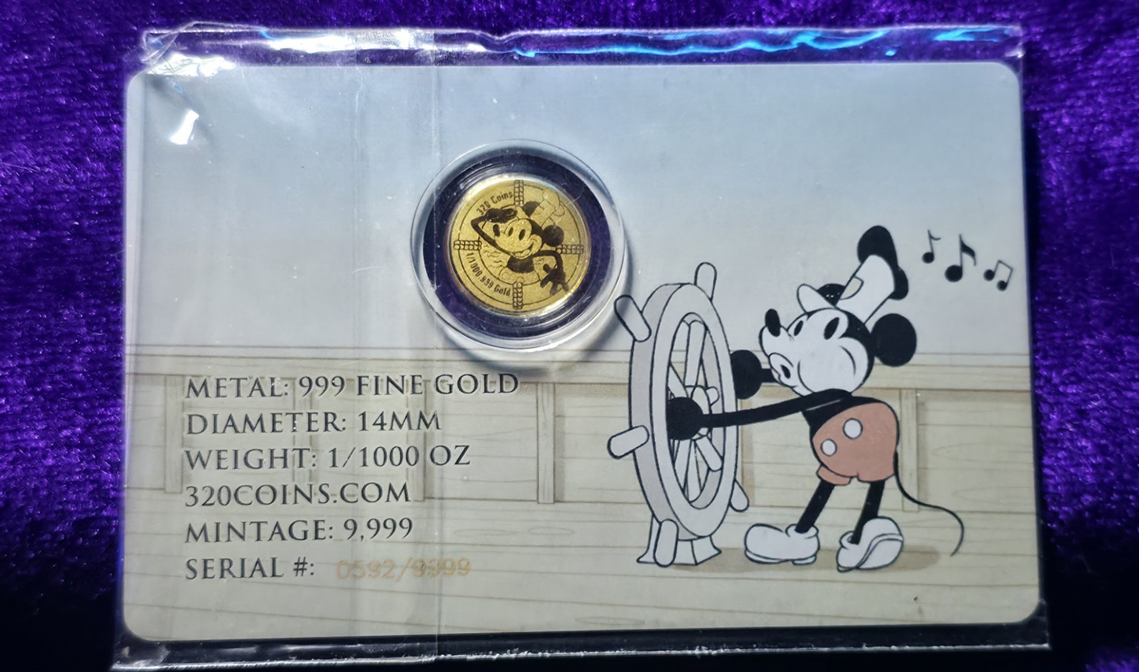 Steamboat Willie Mickey Mouse Gold 1/1000 Oz 999 Fine Round in Card