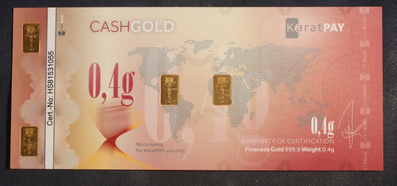KARATBARS KARATPAY CASHGOLD .9999 FINE GOLD IN NOTES 1.3 GRAM (.1/.2/.4/.6)