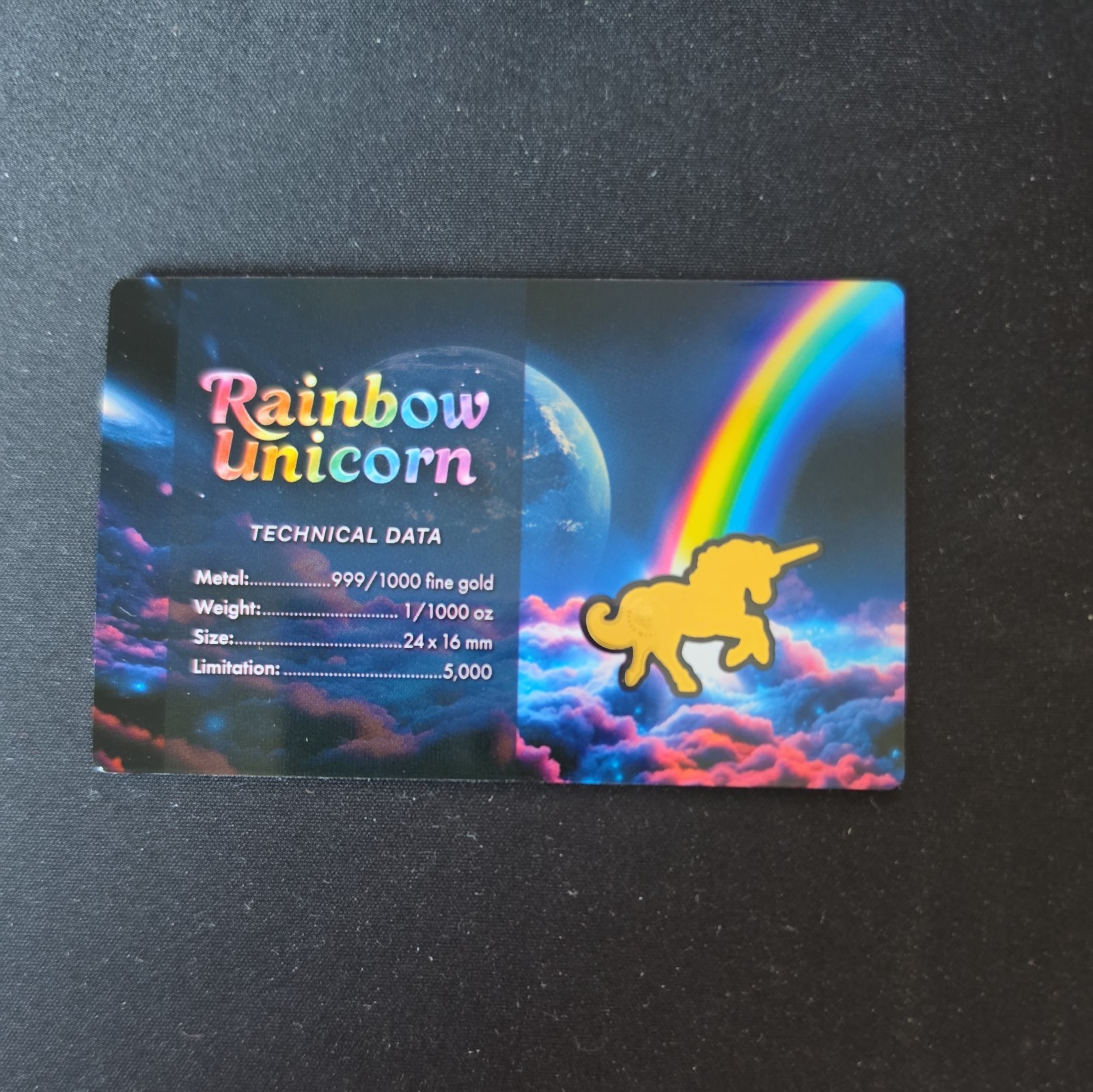 Rogues Island Mint Rainbow Unicorn Shaped 1/1000 oz Gold in Card Mintage 5,000