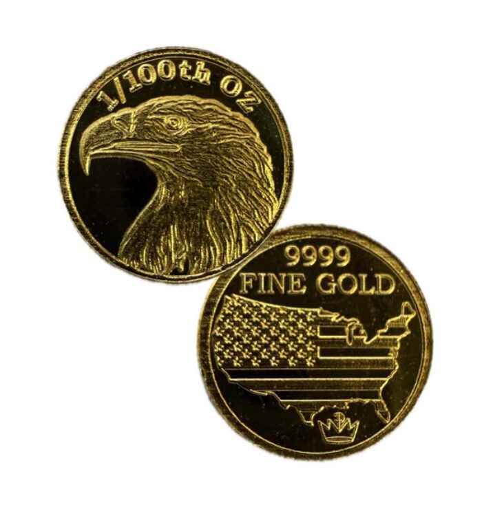 1/100 oz .9999 Fine Gold Round American Eagle & Flag round in Capsule