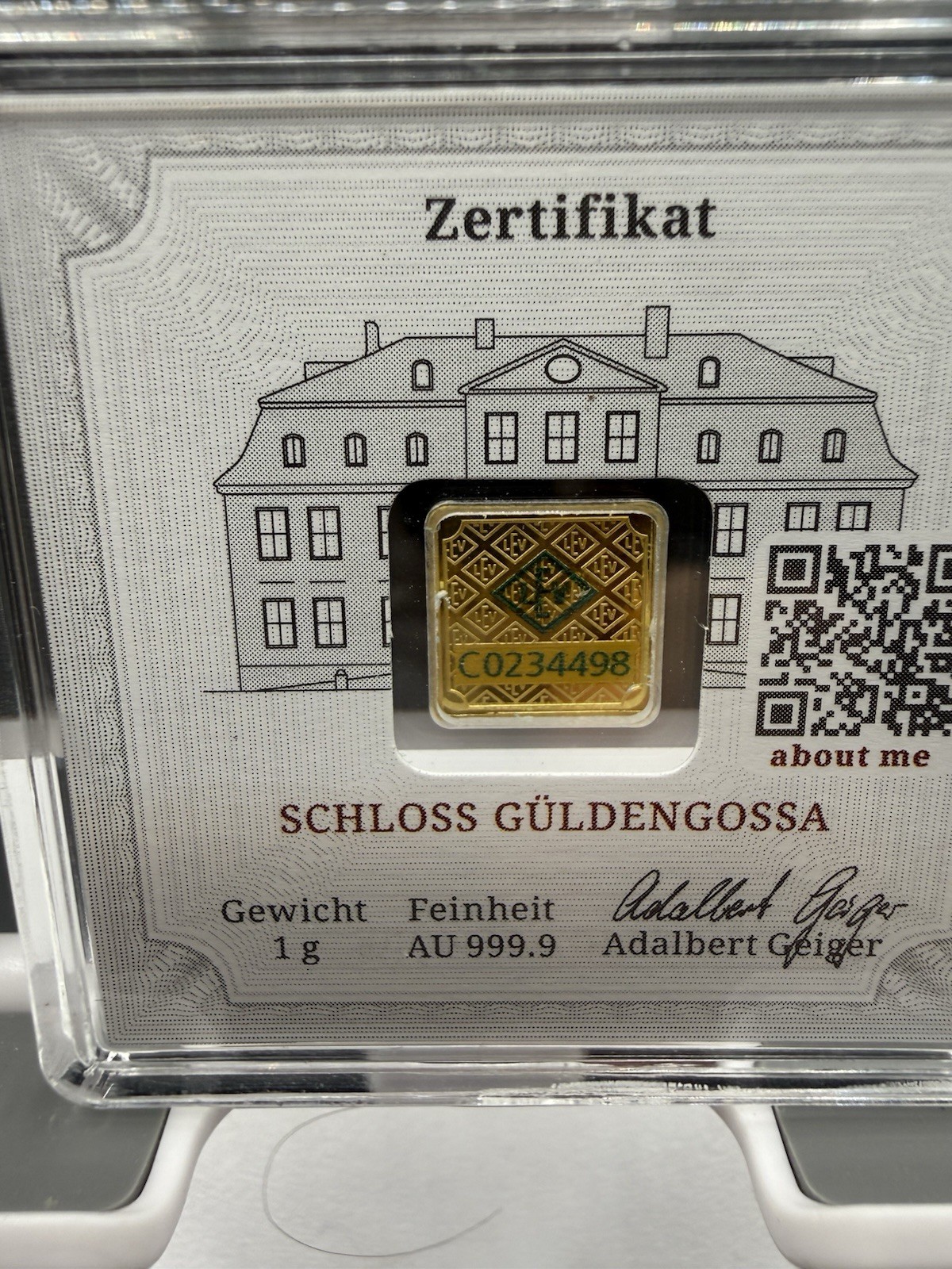 1 Gram Geiger 24K Gold 999.9 Bullion Certified in Assay Square Bar