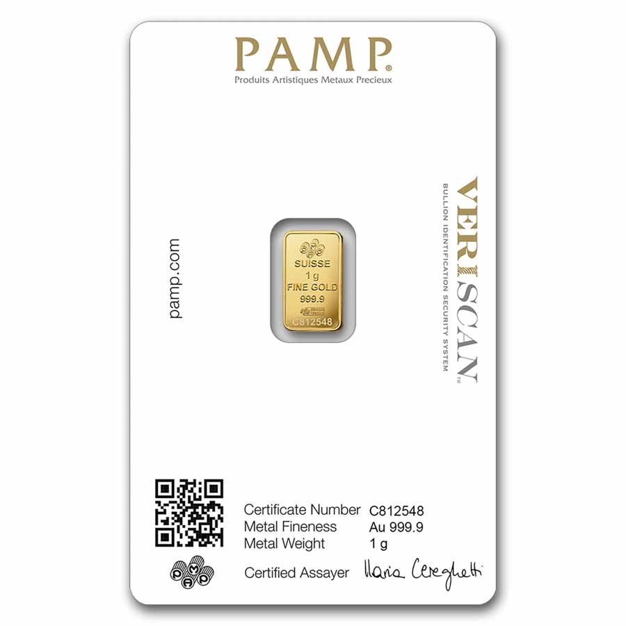 1 gram Gold Bar – PAMP Suisse Lady Fortuna Veriscan® (In Assay)