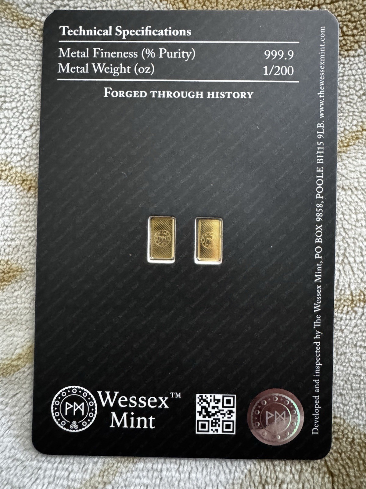 Wessex Mint 2 x 1/200oz 999.9 FINE GOLD Britania Gold Bars Carded RPR £140