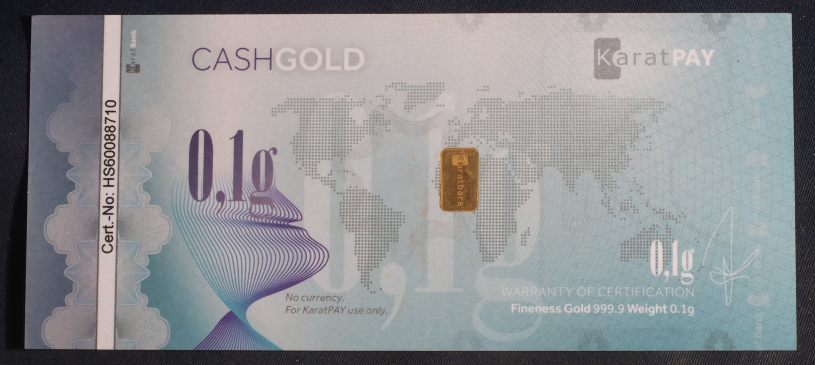 KARATBARS KARATPAY CASHGOLD .9999 FINE GOLD IN NOTES 1.3 GRAM (.1/.2/.4/.6)