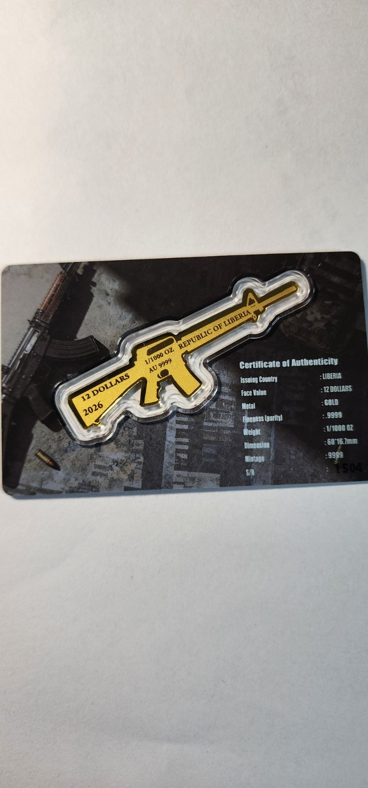 1/1000 oz Gold Coin M16 Shaped in Card – 2026 Liberia