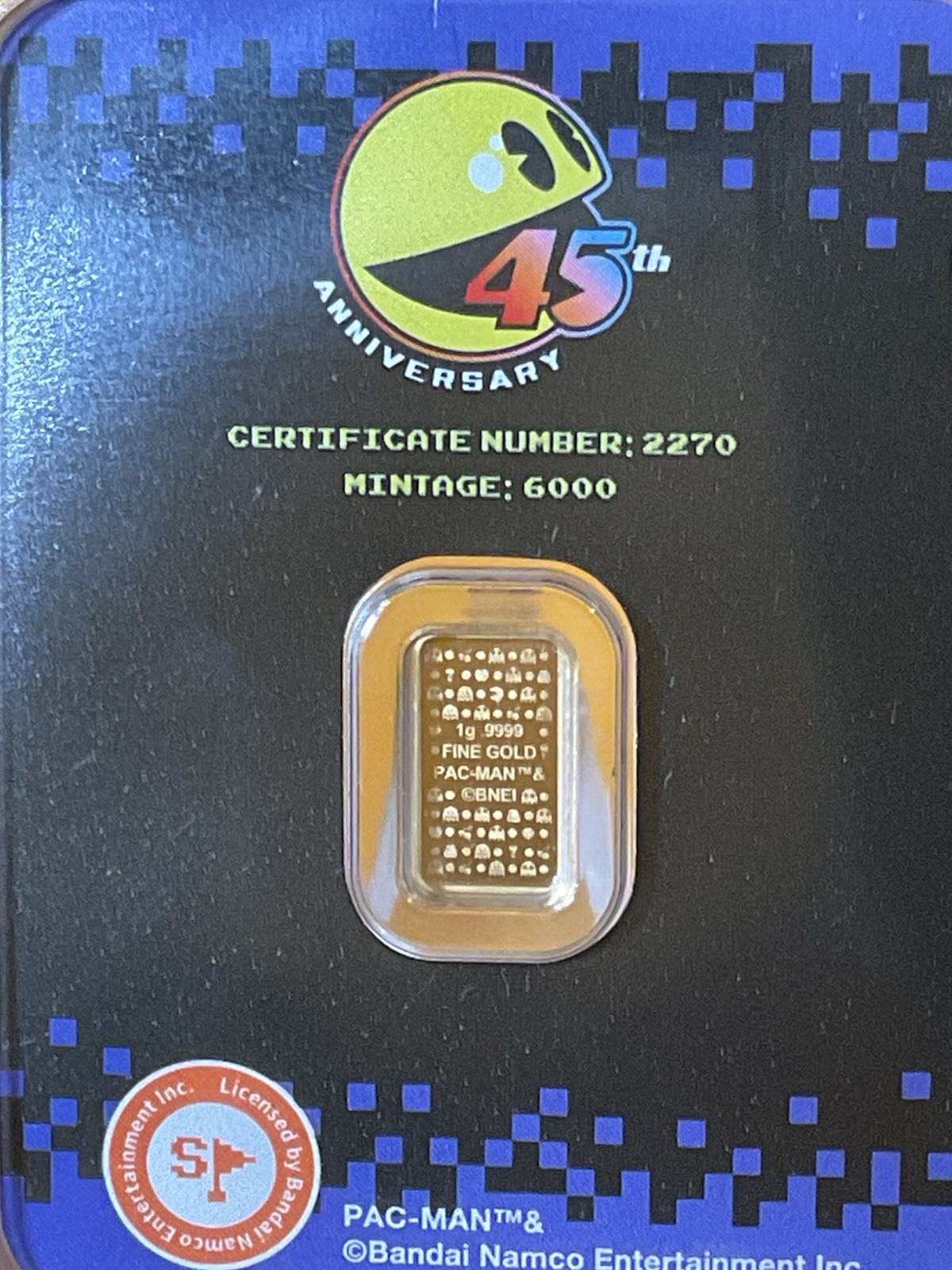 2025 PACMAN 45th ANNIVERSARY 1gr .9999 GOLD BAR IN TEP #2270 limited mintage