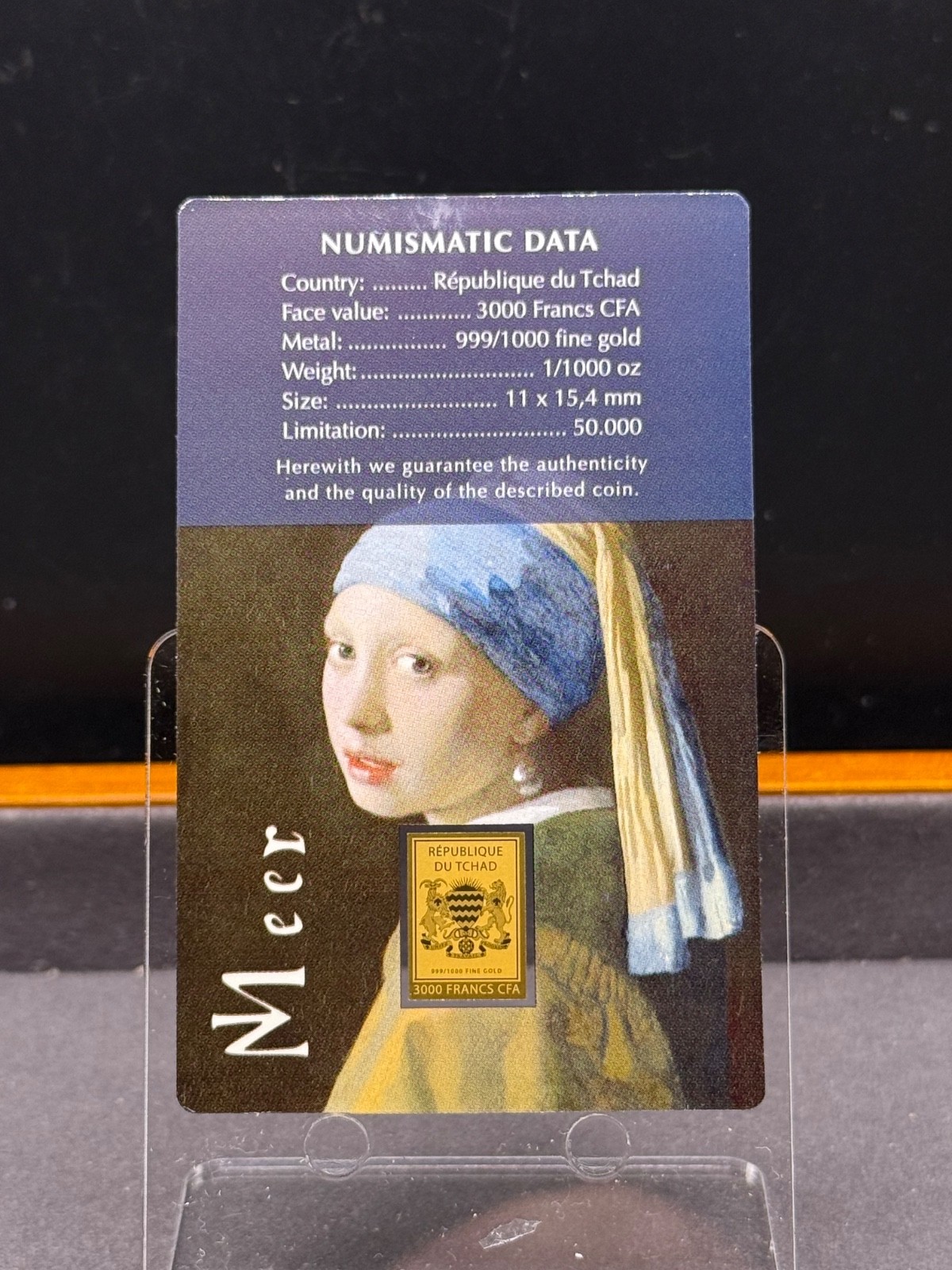 Girl with Pearl Earring by Vermeer 1/1000 Oz 999 Gold Coin Bar 3000 Francs Chad