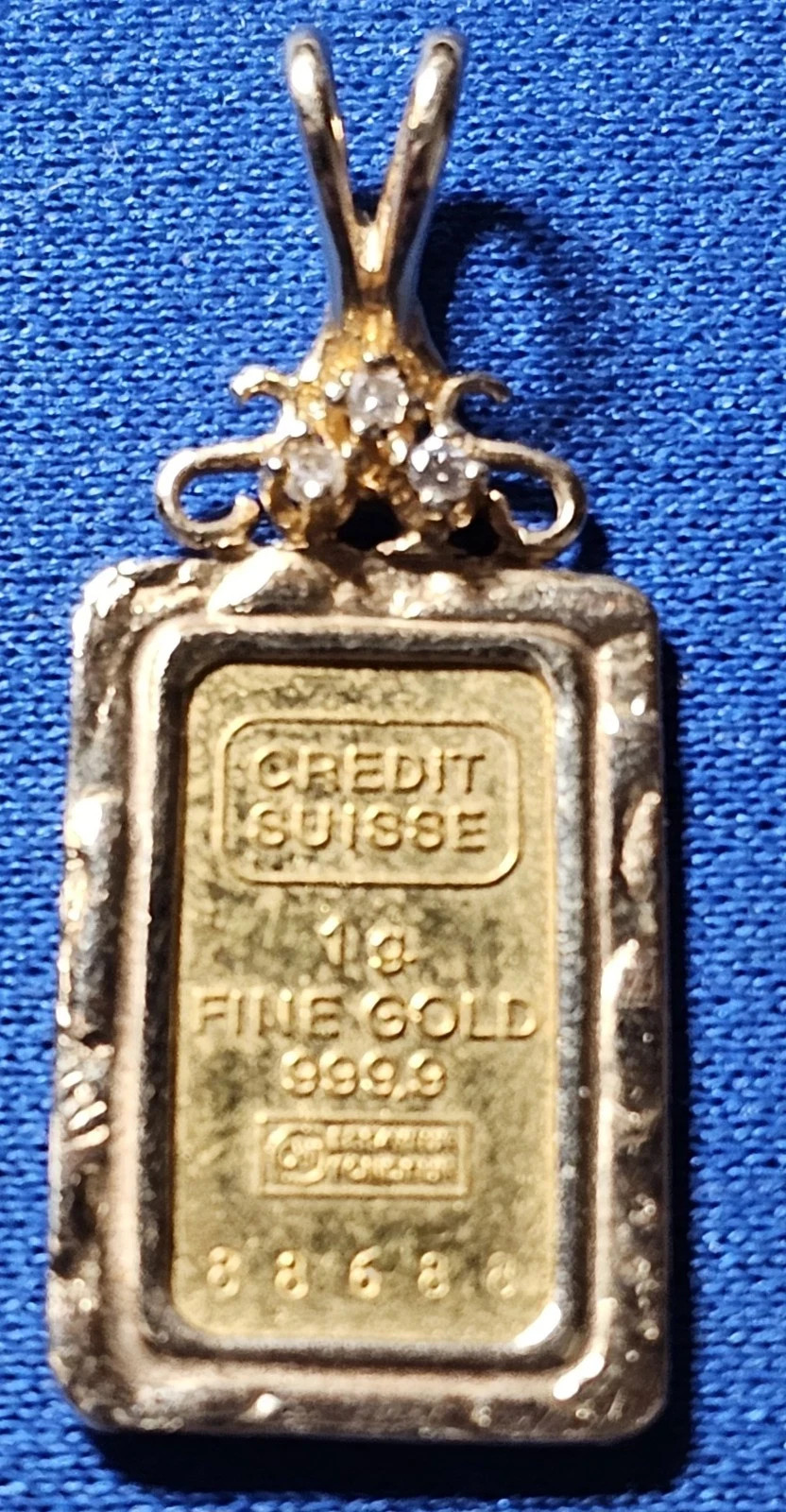 24K GOLD 3 DIAMOND Credit Suisse 999.9 FINE INGOT BAR w/ 14K PENDANT BEZEL 2.15g