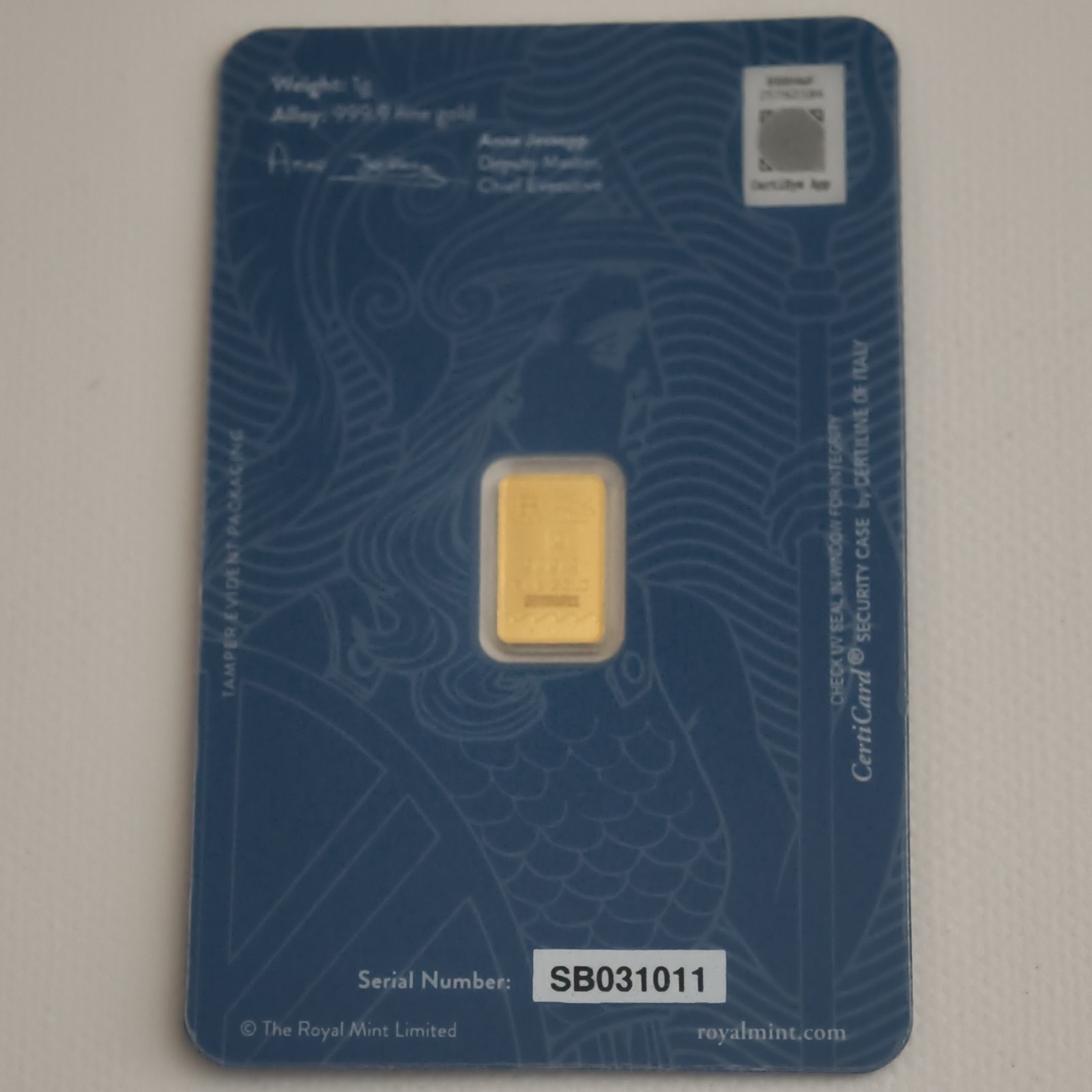 Royal Mint 1g One Gram Fine Gold 9999 Bullion Bar Sealed And Sigma Tested Blue