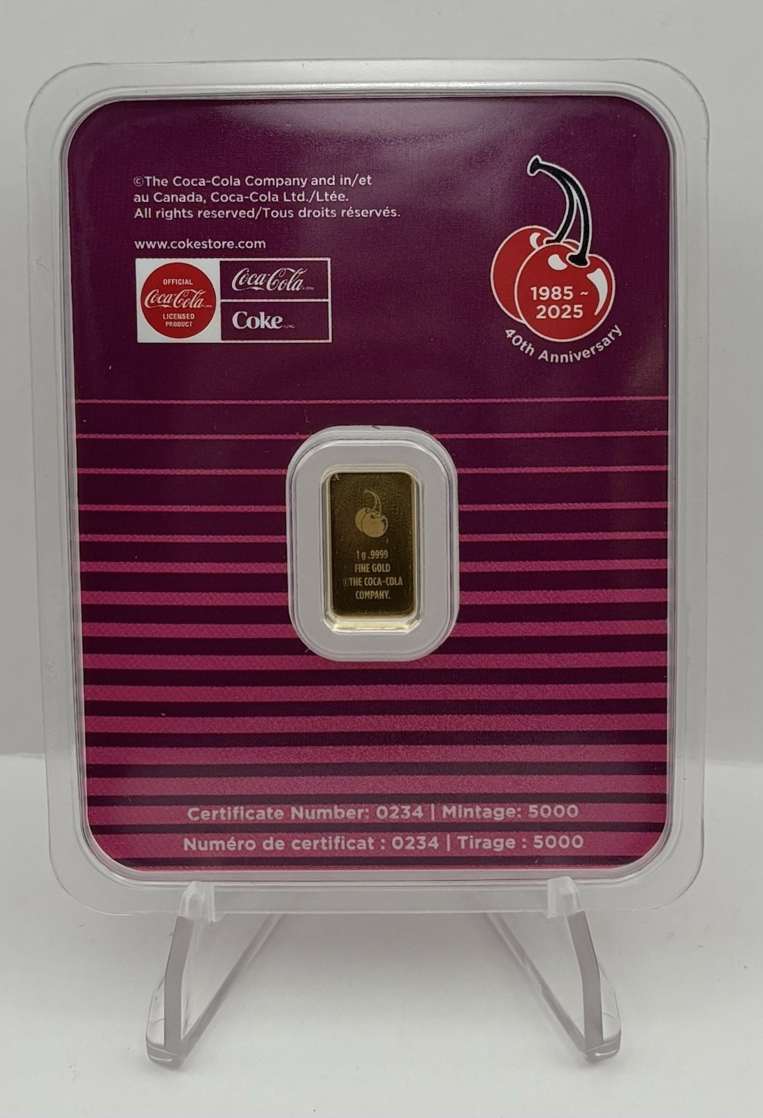 CHERRY COKE – 1 gram BAR .9999 FINE Gold – PAMP Suisse In TEP – 5,000 Mintage!