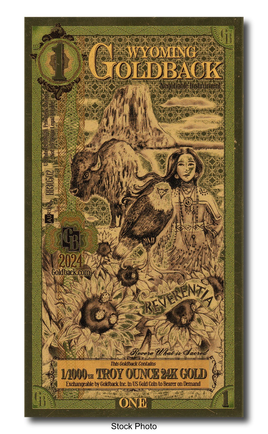 2024 Aurum 1 GB Wyoming 1/1000oz 24K Gold Foil Note Limited Edition One Goldback