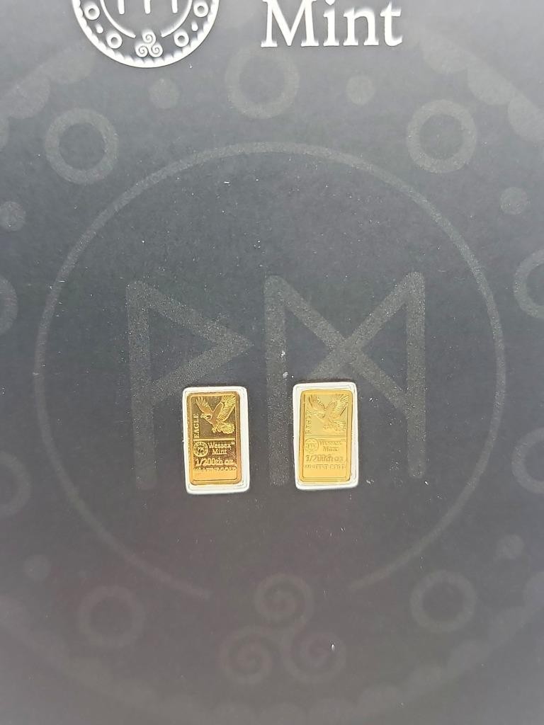Wessex Mint Gold Bars, 2 x 1/200 999.9 Fine Gold, Eagle, Carded