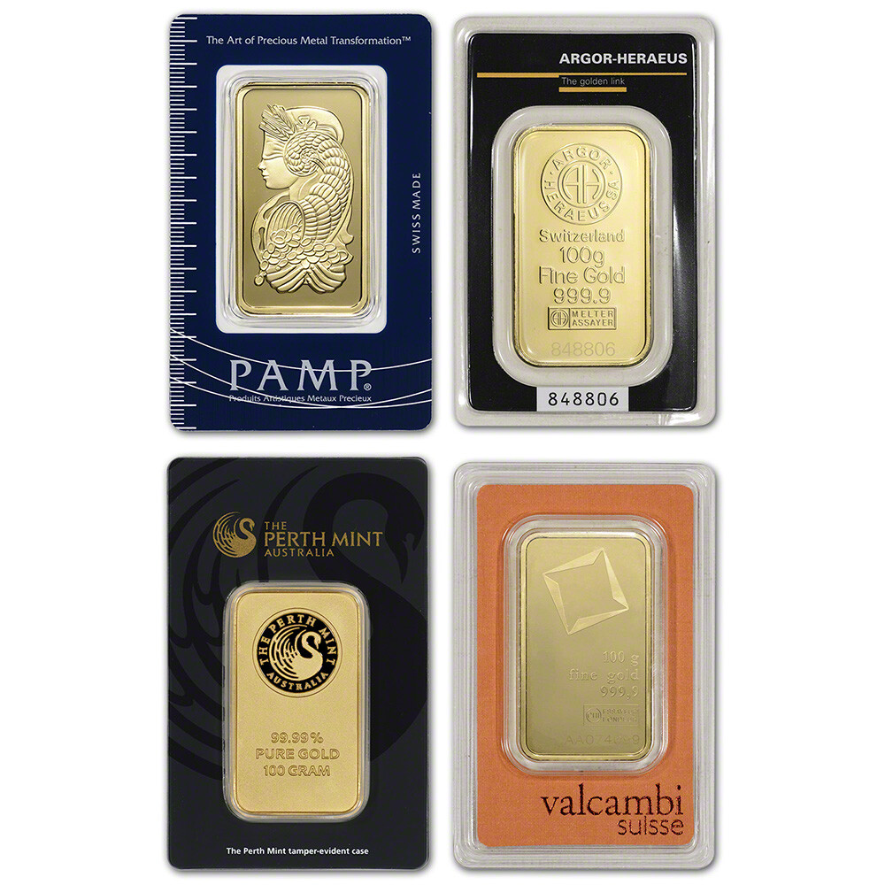 100 gram Gold Bar – Random Brand Secondary Market – 999.9 Fine in Assay