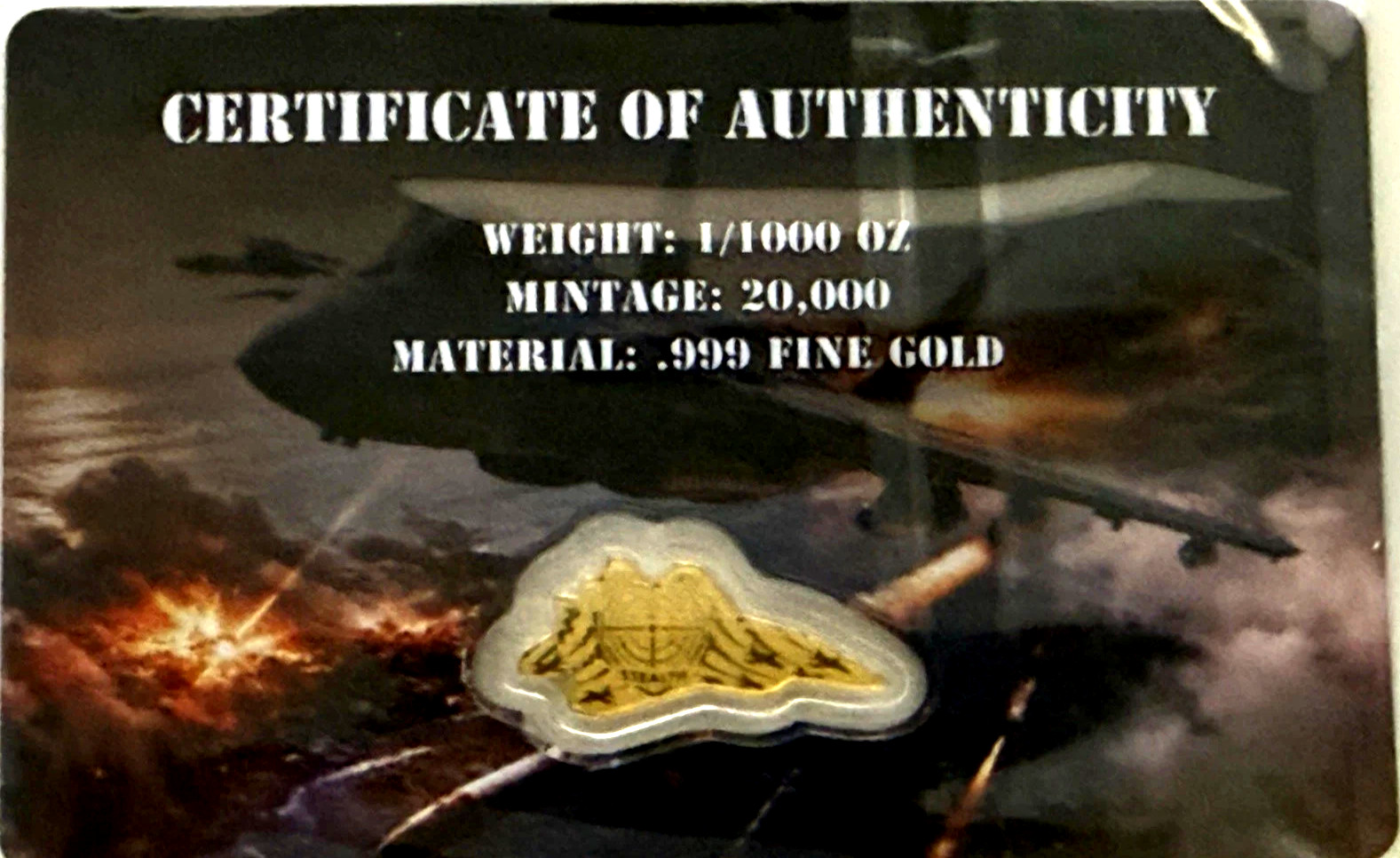 CERTIFICATE OF AUTHENTICITY 1/1000 Oz Gold US Fighter Jet Art Bar .999 Fine