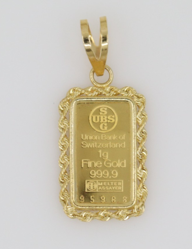 Union Bank of Switzerland 1g 999.9 Fine Gold #95988 Bar in 14k Pendant w/ COA