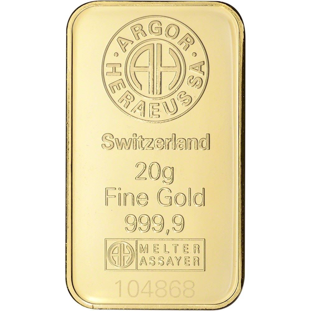 20 gram Gold Bar – Argor Heraeus Kinebar Hologram – 999.9 Fine in Assay
