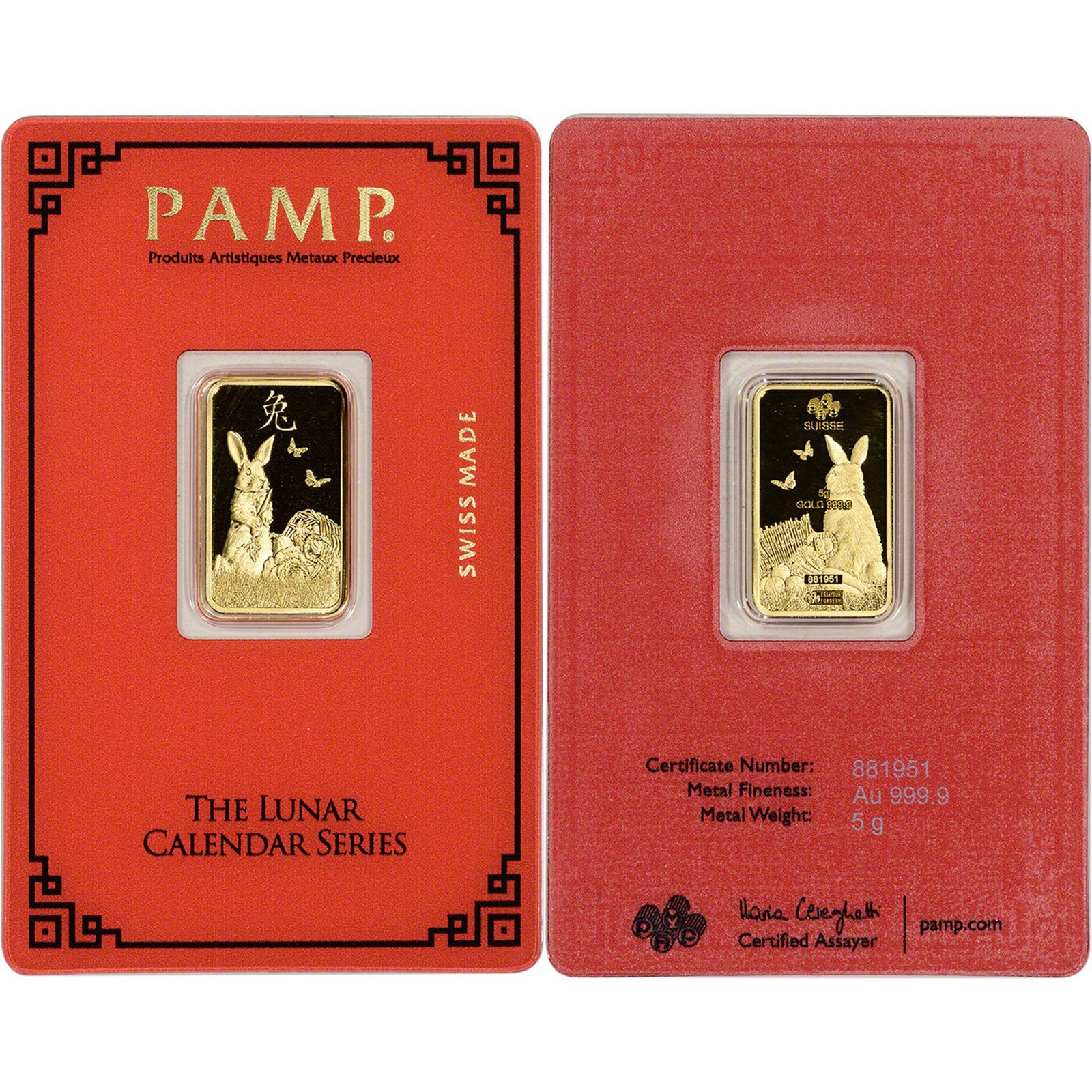 PAMP Suisse 5g Gold Year of the Rabbit – The Lunar Calendar Series. New in Assay