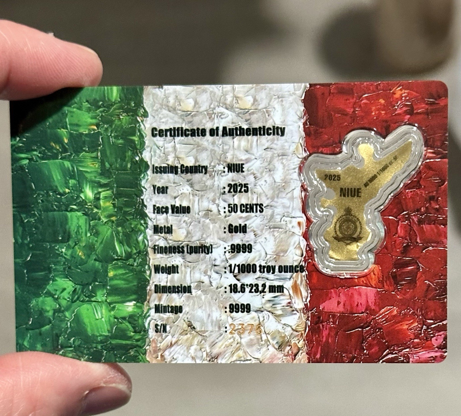 2025 1/1000 oz Gold 2025 Niue Angel of Independence w/COA Card .9999 Fine Gold