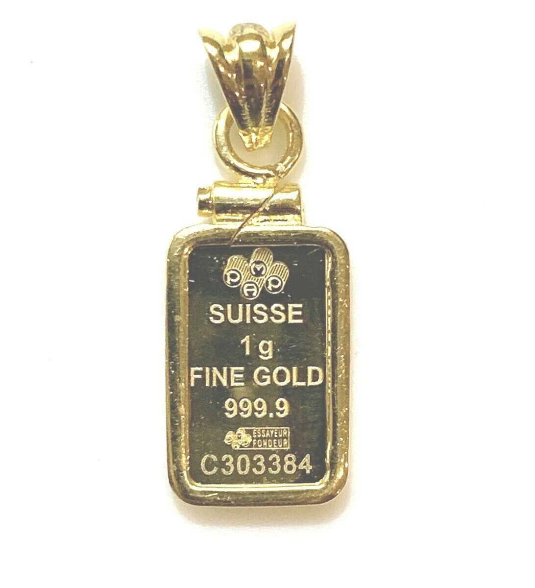 Pamp Suisse Fortuna 1 Gram Bar Pendant with 14K Gold Screw Top Plain Bezel