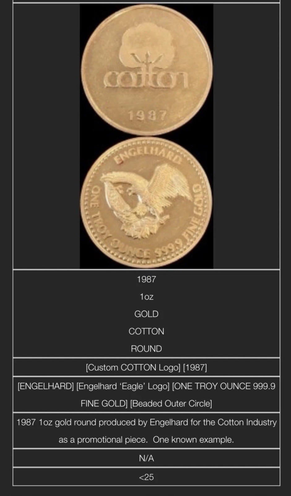 VINTAGE 1987 ENGELHARD “COTTON” PROOF 999.9 GOLD 1 OZ W/BOX 25 MADE Very Rare
