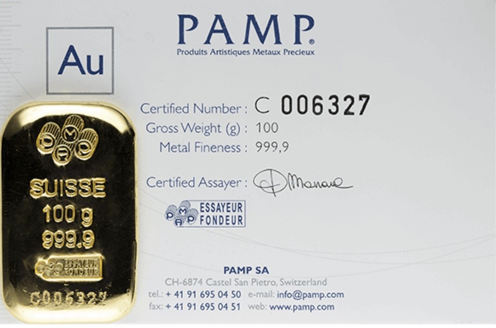 100 Gram Gold Bar PAMP Suisse Lady Fortuna Veriscan (In Assay) .9999 Fine