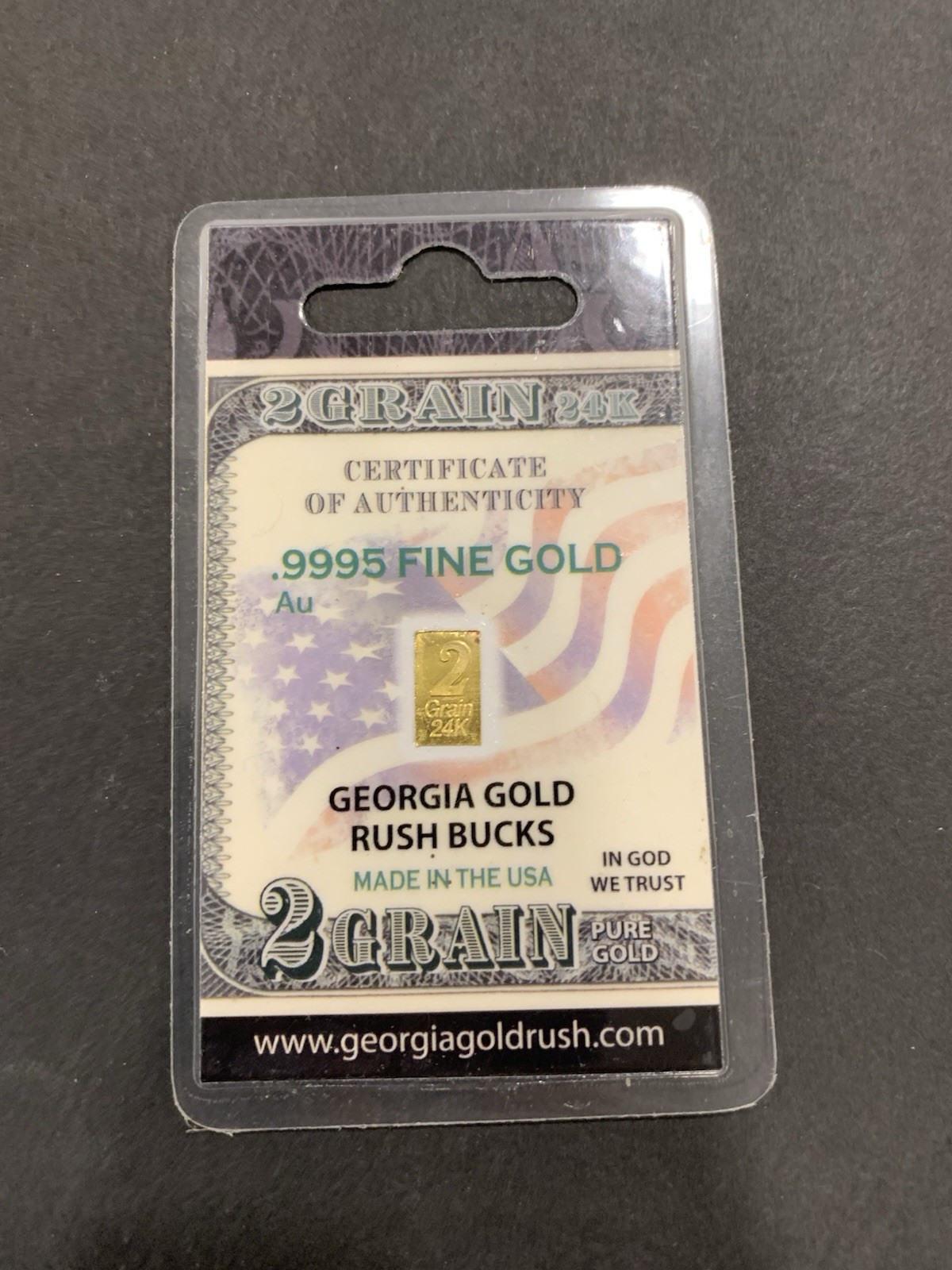 GEORGIA GOLD RUSH BUCKS; .129597 GRAM GOLD BAR; .9995 24K FINE GOLD BULLION