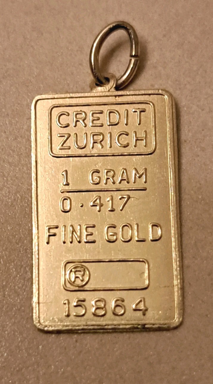 SOLID FINE 10K GOLD .416 BAR 1 GRAM INGOT CREDIT ZURICH PENDANT CHARM #15864