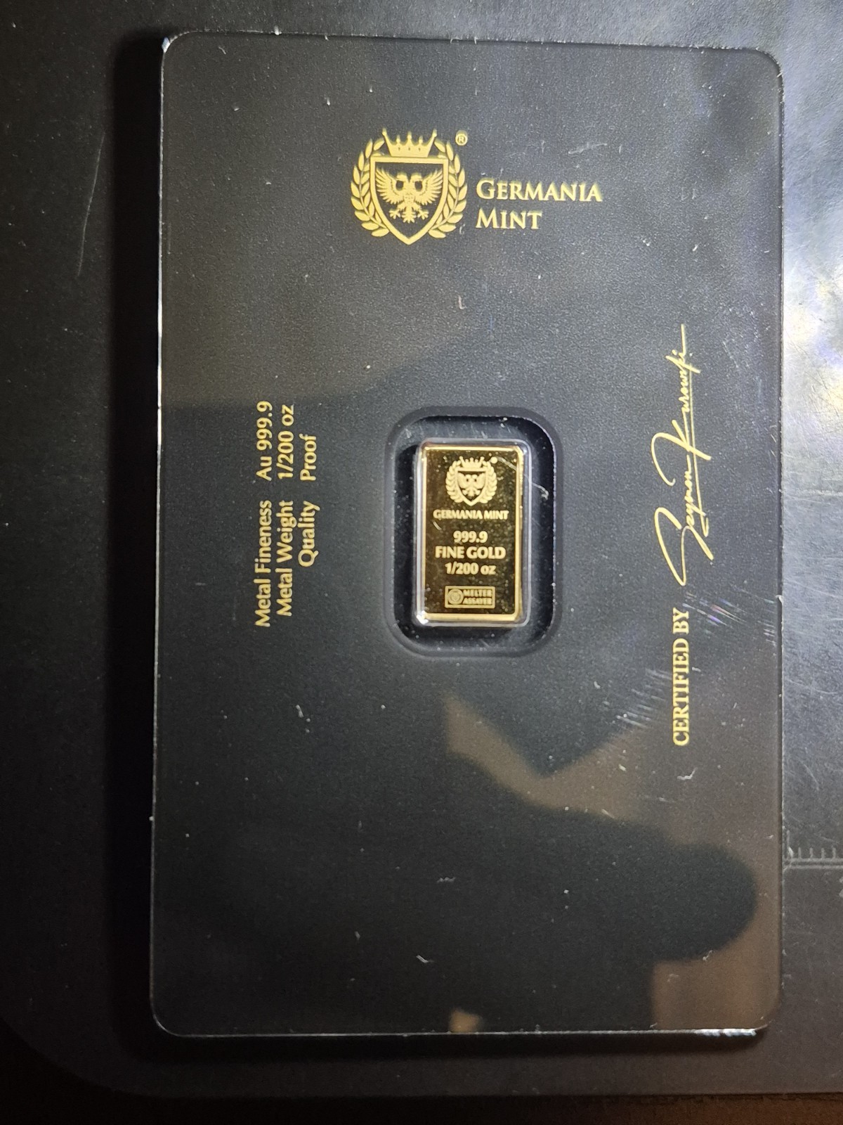 Germania Mint 1/200 oz Proof Gold Bar Stamped in Assay