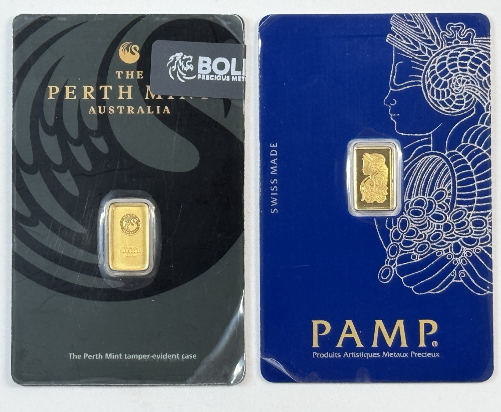 TWO Grams (1g Pamp Suisse +1g Perth Mint) 999.9 FineGold Bars Sealed Assays