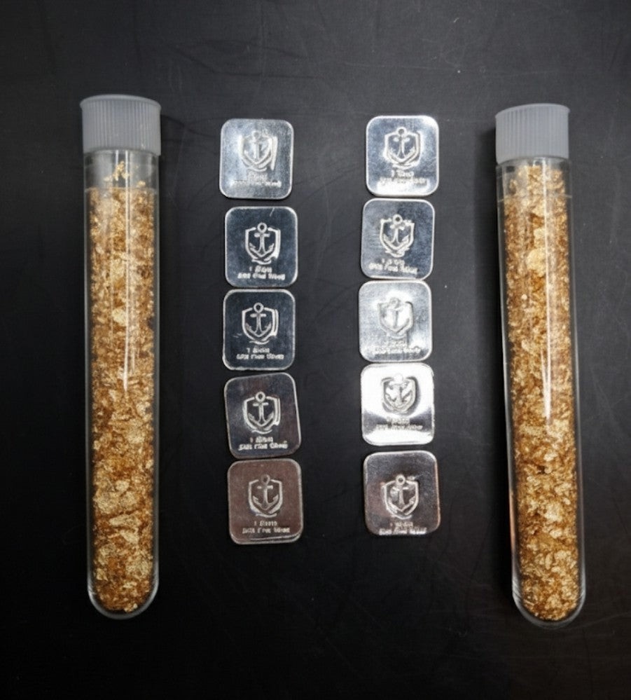 Lot of 10 (1g) Silver Bars .999 Fine Silver + 2 Vials Natural Gold Flakes