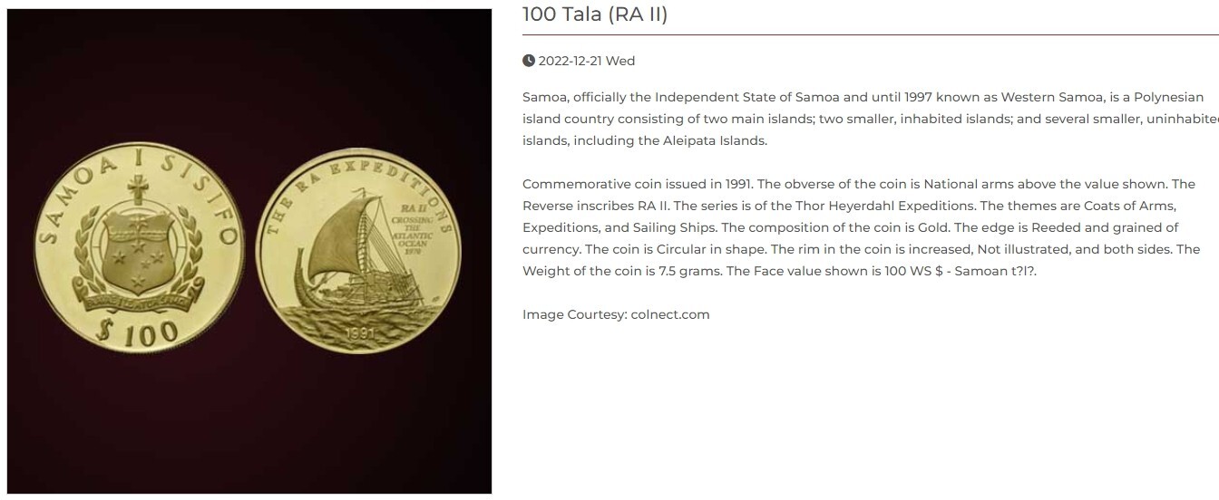 Thor Heyerdahl Autograph Gold 100 Tala Ra 2 and 2 silver Kon-Tiki and Ra 2 RARE!