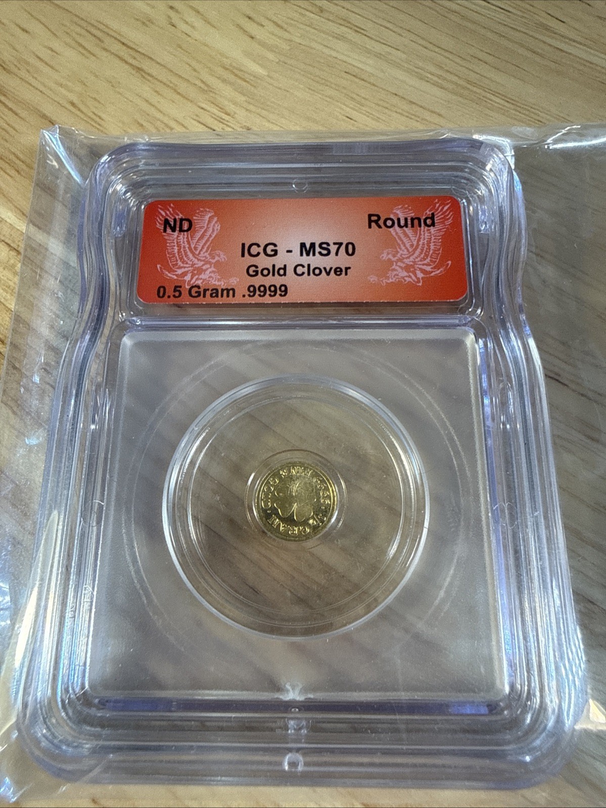 .5 (1/2) gram 0.9999 Fine Gold ICG MS70 Round Monarch Precious Metals Clover 🍀