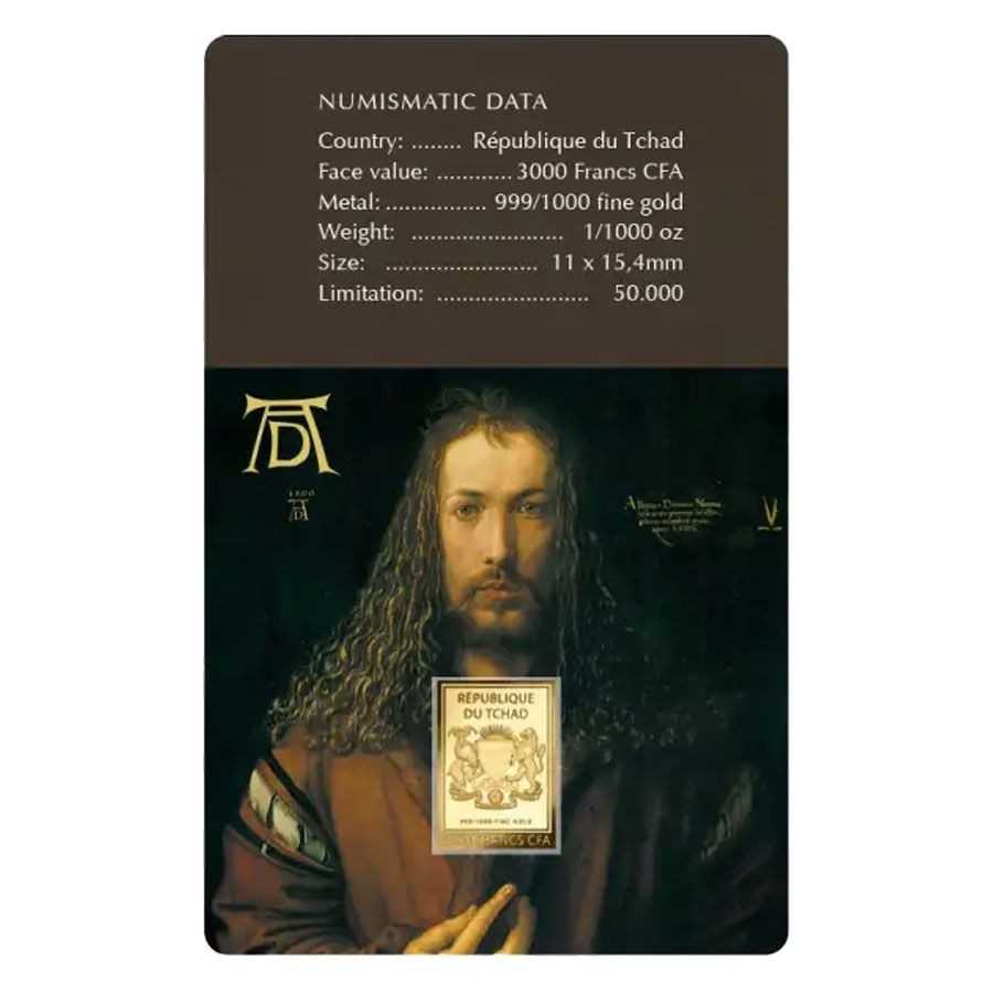 Self-Portrait Albrecht Durer 1/1000 Oz 24k Gold 999 Coin card 3000 Francs 24k