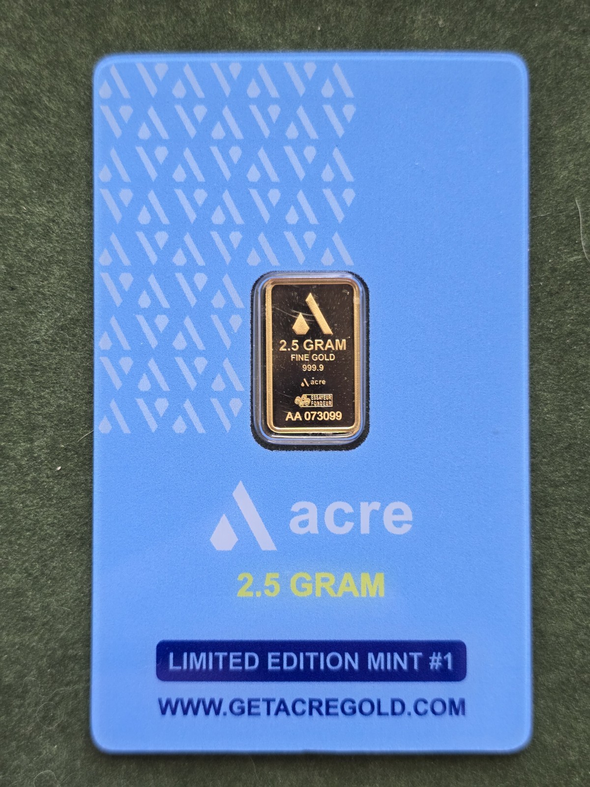 2.5 Gram .999 Fine Gold Acre Bar Assay Original, Sealed Clean