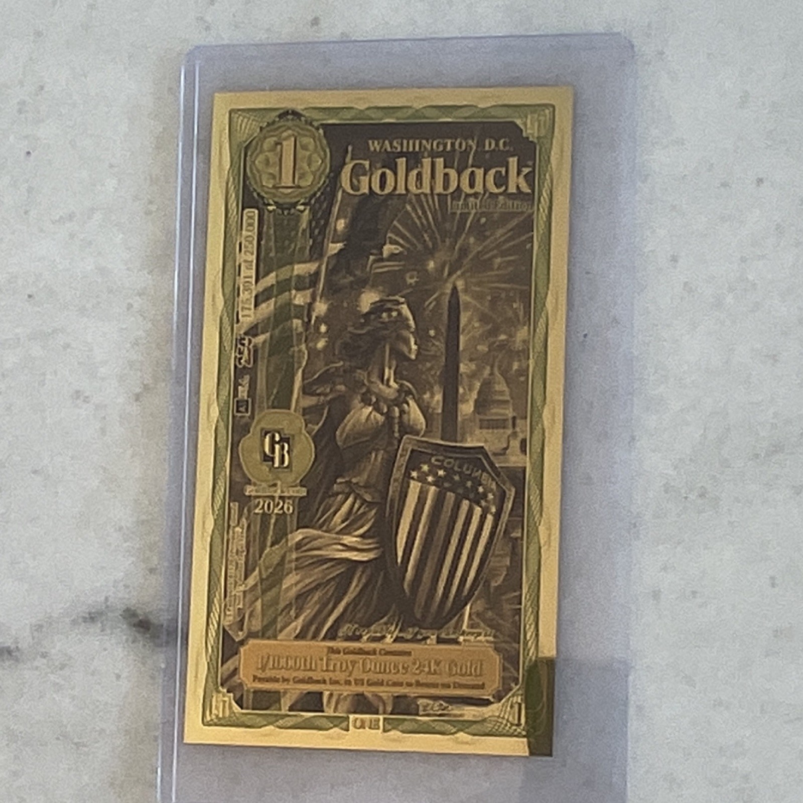 2026 Washington D.C. 1 Goldback 1/1000 oz .999 24K Gold Foil Note Limited Ed.