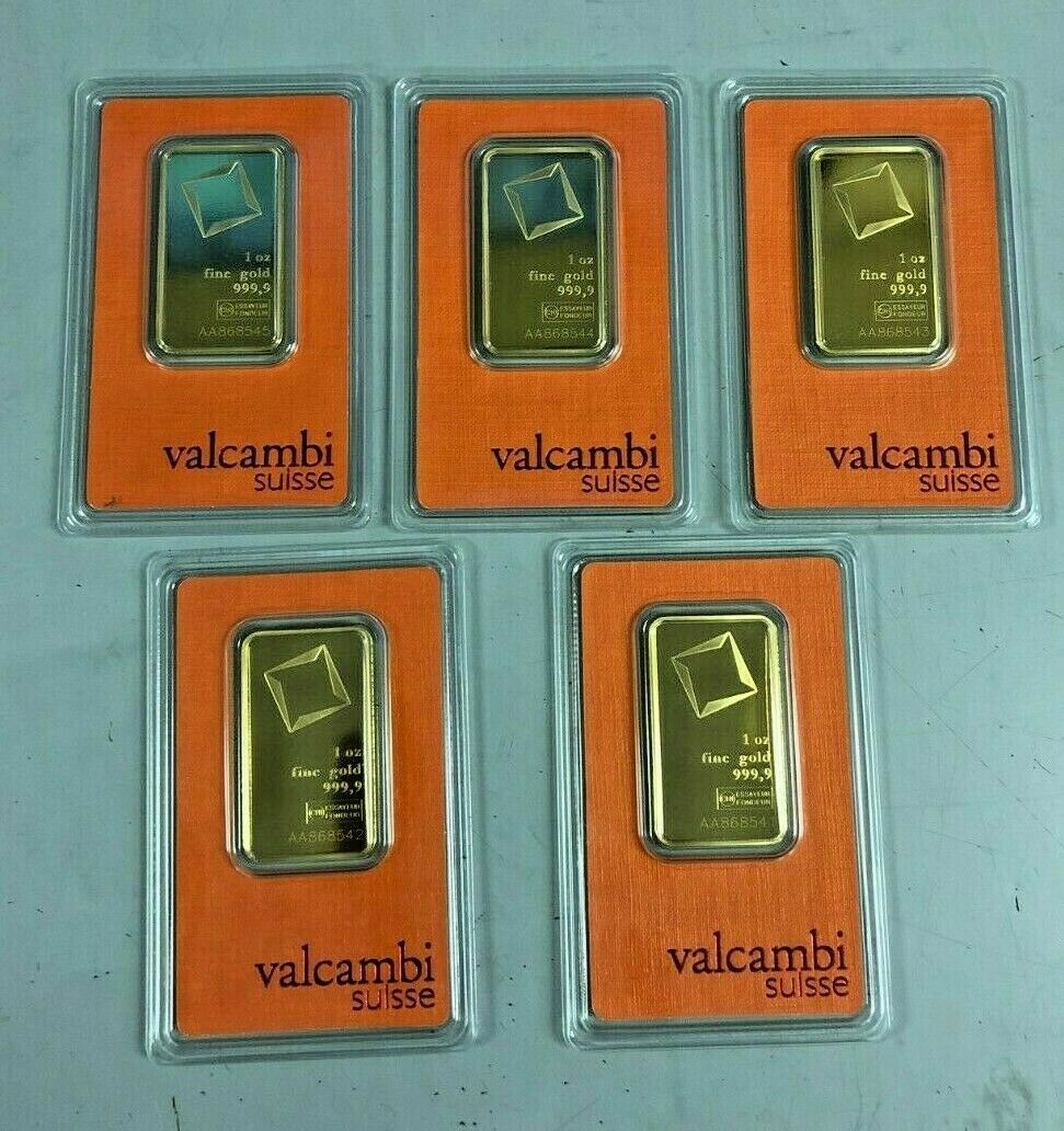 Lot of 5 Gold 1 oz Random Brand .9999 fine Gold Bars in Sealed Assay Cards