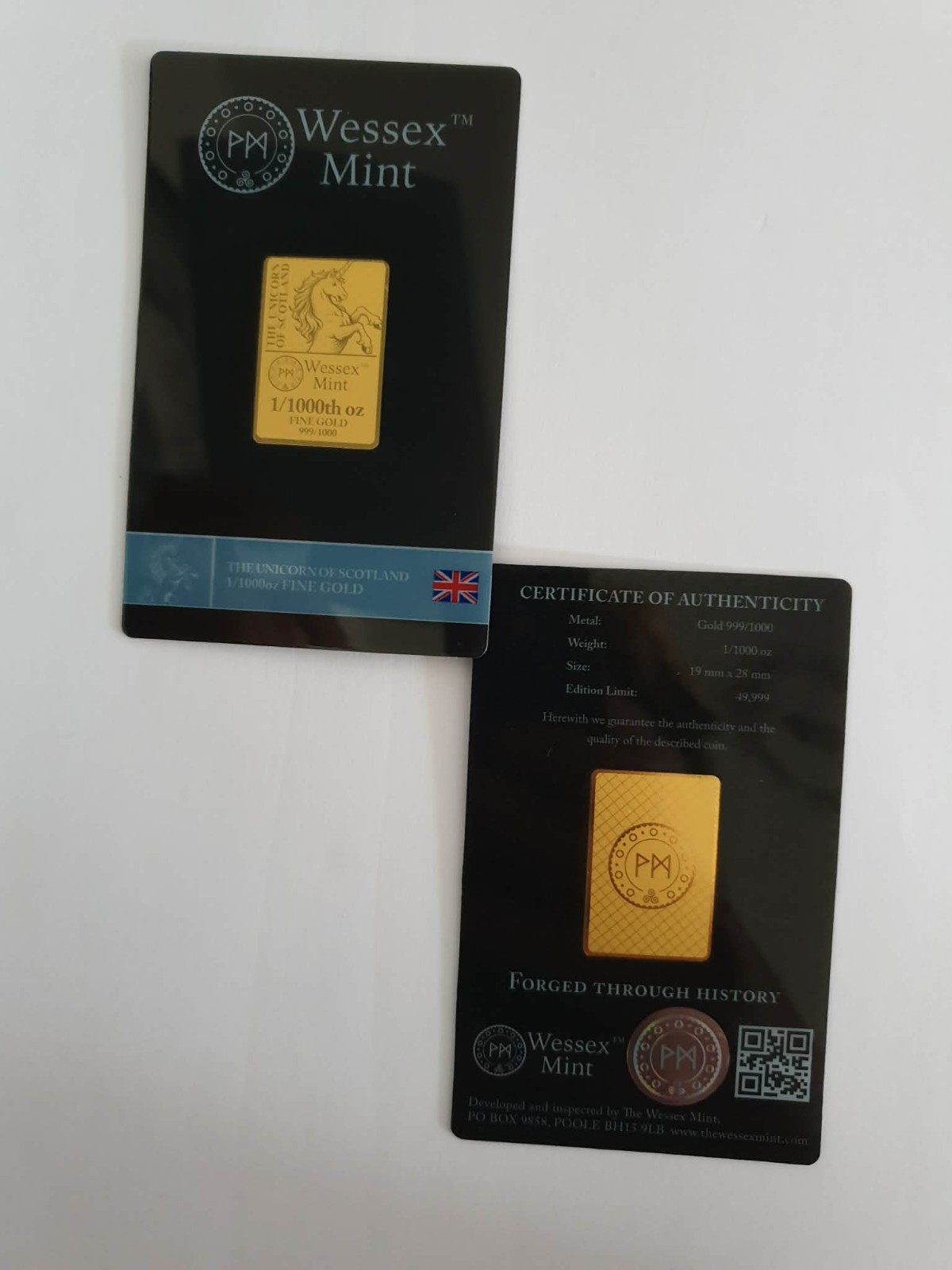 1/1000 oz Unicorn Of Scotland 24KPure Gold-Wessex Mint Gold Bar LBMA Certificate