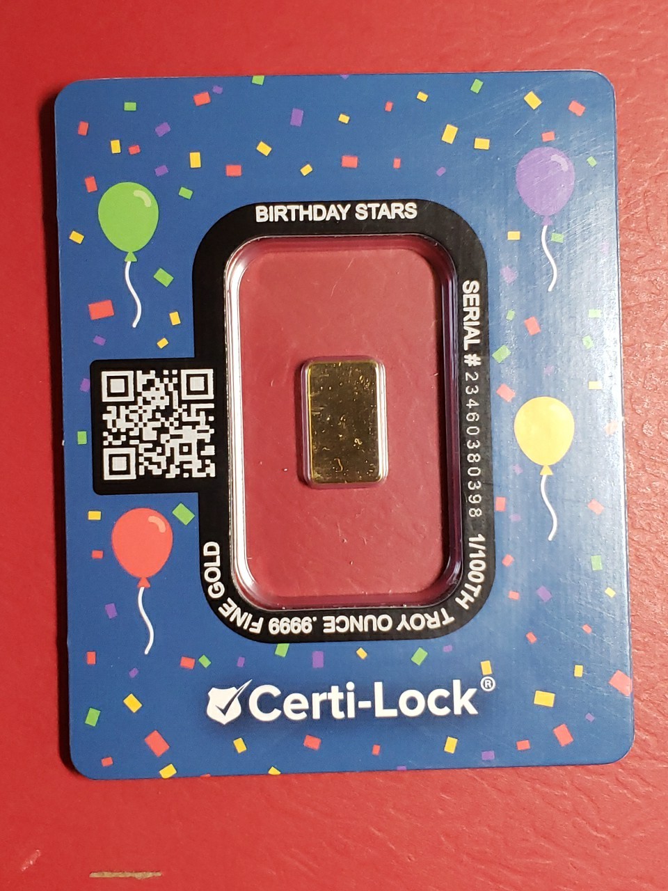 Happy Birthday Stars 1/100 oz Gold Bar .999 Gold (in Certi-Lock®) Scottsdale Mnt