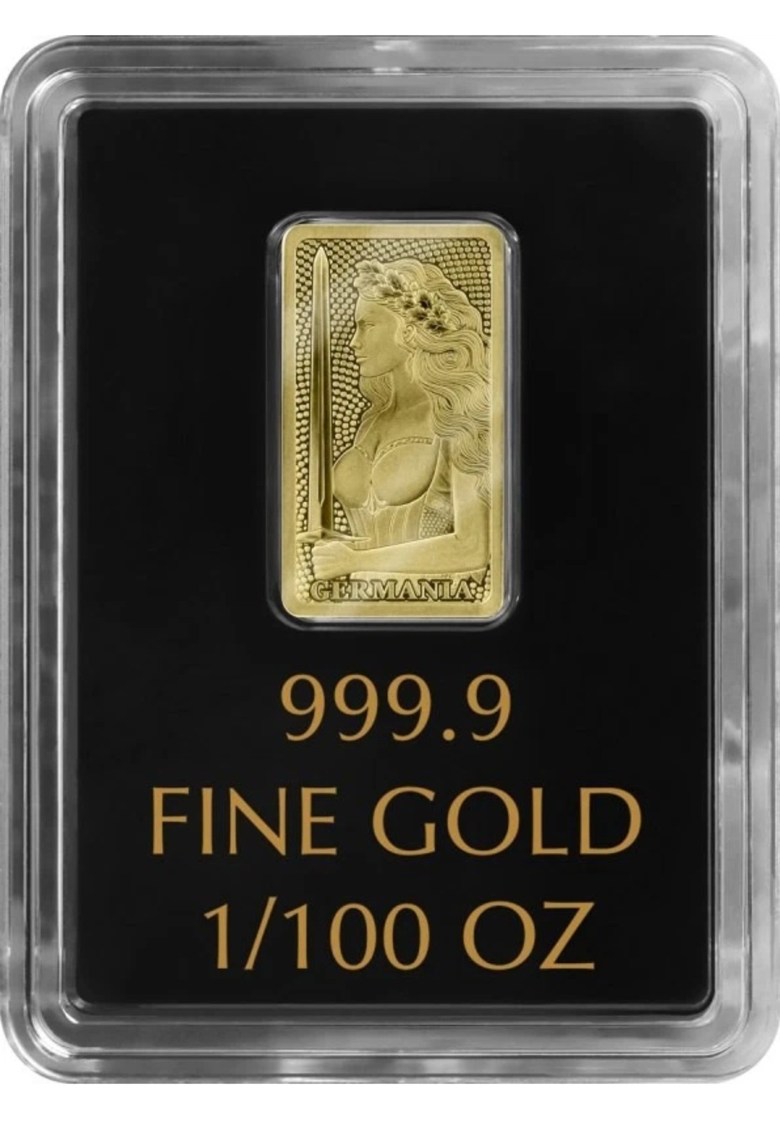 Germania Mint 1/100 Gold Lady Germania Stamped Bar in Capsule