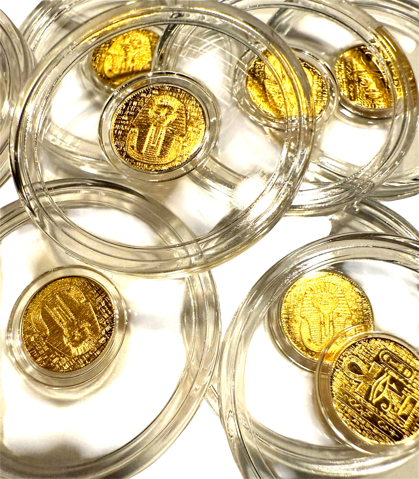 LOT X 2 MONARCH EGYPTIAN KING TUT & SCARAB .9999 FINE GOLD ROUNDS IN CAPSULE BU