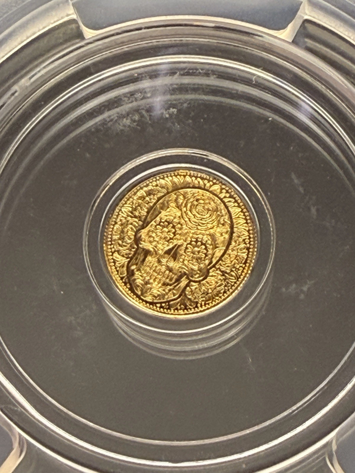 PCGS MS69 Day of the Dead Rose Skull 1/200 oz .9999 Gold Round No Date