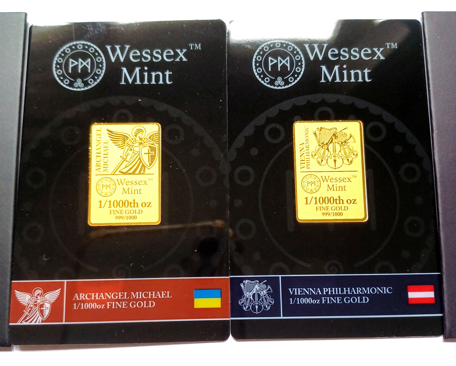 Wessex Mint 1/1000 oz Archangel & Vienna Gold Bars 999.9 Fine Gold in Sleeves