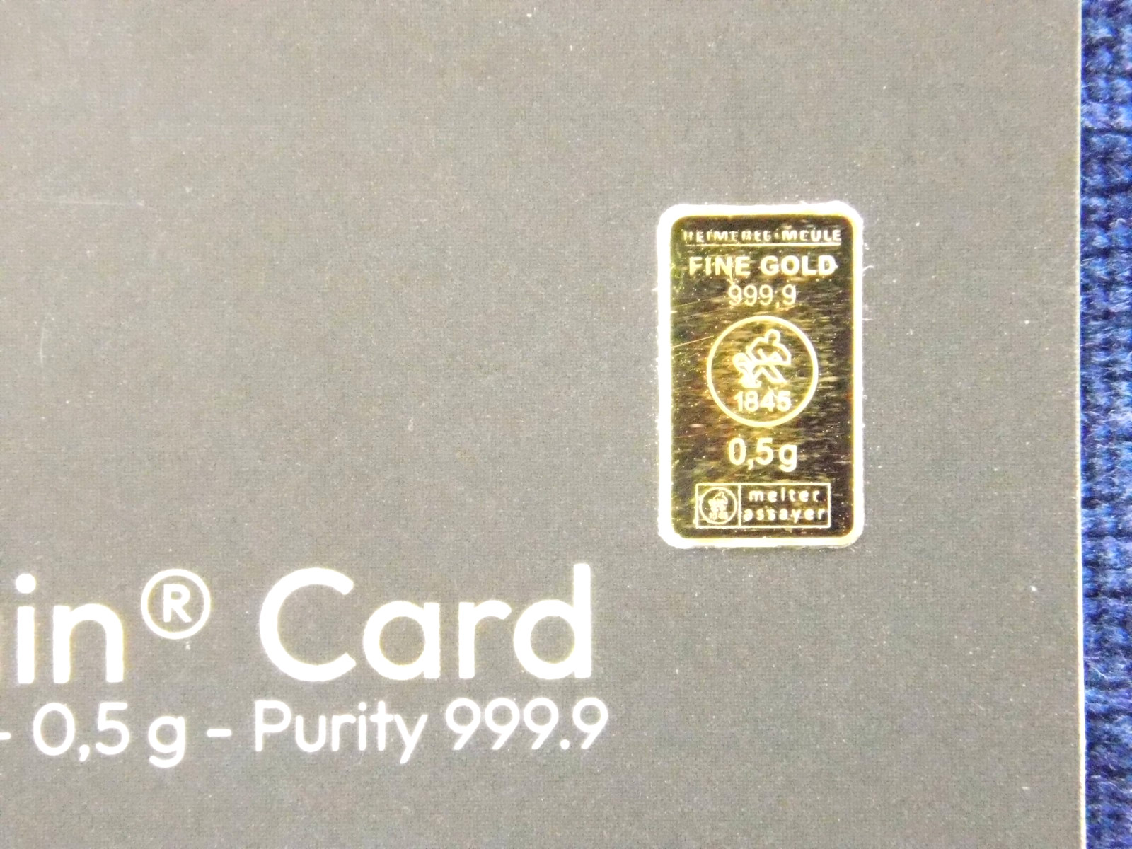 Gold Bar 0.5 Gram HEIMERLE + MEULE 999.9 1/2g Gold Secain Card LBMA Certified