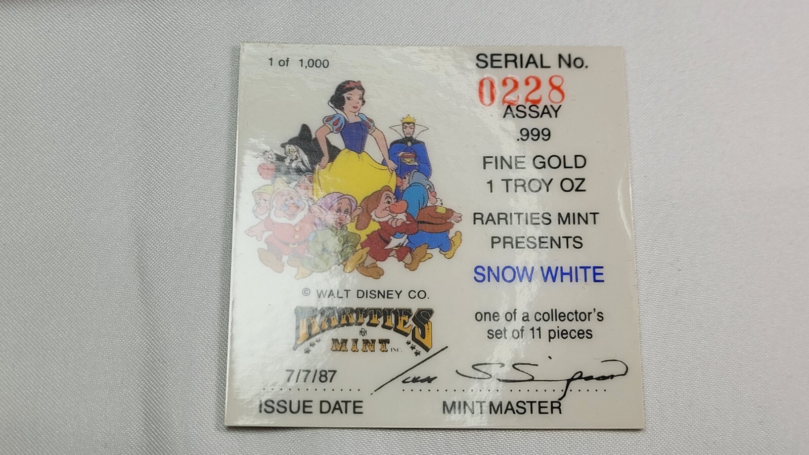 1987 Rarities Mint Snow White 50th Anniv 1 Troy Ounce .999 Fine Gold Round 0228