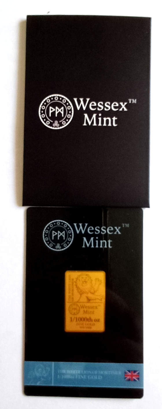 1/1000th oz Gold 999.9 White Lion Bullion Bar x 1 With Sleeve by Wessex Mint